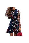 vreplrse Femmes Fleur Broderie Robe décontracté Maille Multicolore à Manches Longues O Cou Sexy Transparent Streetwear Jupe f