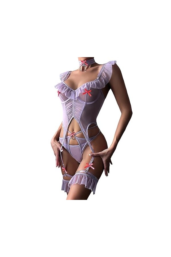 ULLIAN Strings Sexy Femme Lingerie érotique en Maille Extensible Sexy avec épissure en arête de Poisson - Combinaison Dos Nu 
