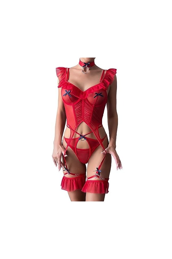 ULLIAN Strings Sexy Femme Lingerie érotique en Maille Extensible Sexy avec épissure en arête de Poisson - Combinaison Dos Nu 