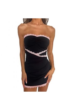 SHANHE Femmes Dété Mini Robe Sexy sans Manches Bretelles Dentelle Patchwork Slim Fit Party Club Robe Bustier Mode Streetwear