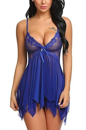 ZTIANEF Front ouvertLingerie érotique Robe Slip Sexy Pyjama, Bleu, S