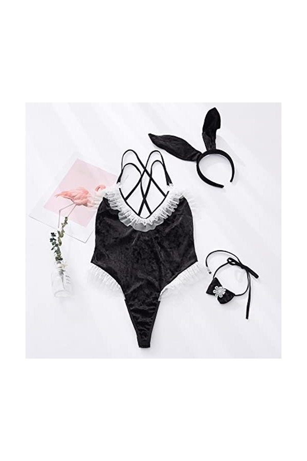 PONNYC Mignon&nbsp;Bunny Girl Cosplay Costume Halloween Femmes Rose Velours Sexy Jumpsuit Erotic Roleplay Kawaii Lingerie pour Cou