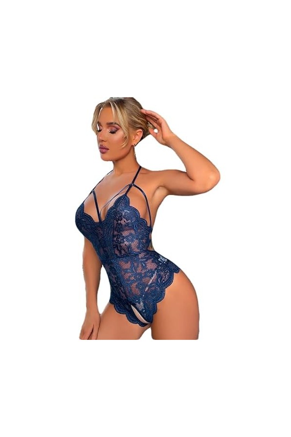 Sexy Lingerie Érotique sous-Vêtements en Dentelle Transparent pour Costumes Érotiques, Bleu, XL
