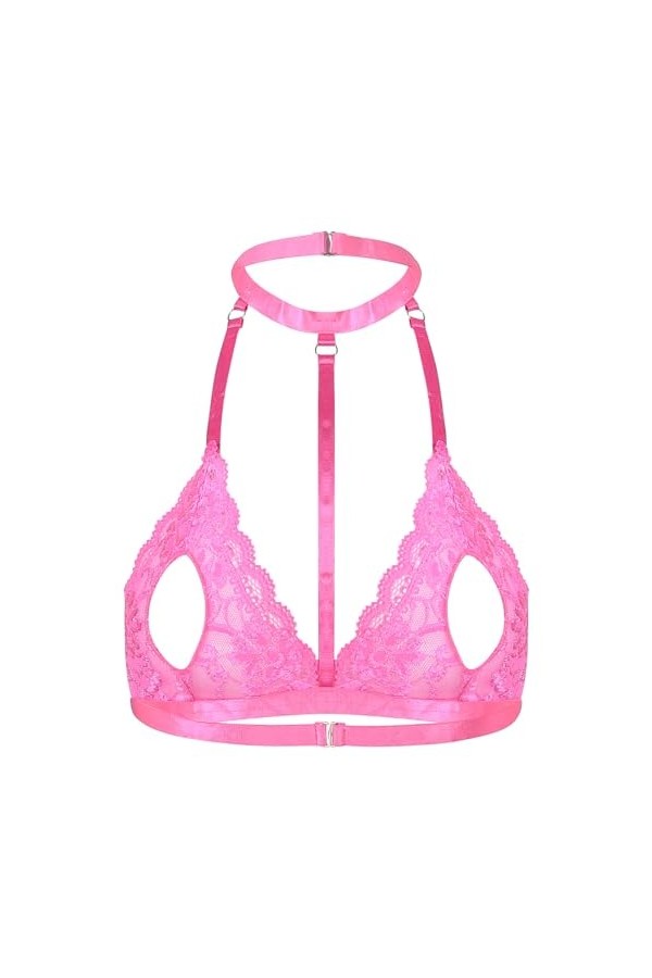 Sexy Lingerie Érotique Femme Soutien-Gorge Exposé en Dentelle Transparente avec Col Licou, Rose Rouge, 4XL