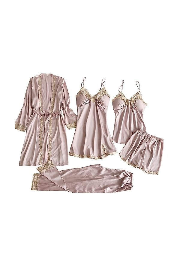 Pyjama en soie glacée pour femme - Col en V - Robe de nuit sexy - Lingerie sexy - Dentelle - Décoration - Chemise de nuit - C