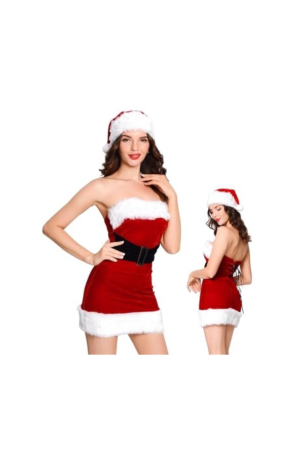 woyufen Père Noël sexy pour femmes - Robe sexy costume cosplay robes soirée,Mini robes épaules dénudées avec chapeau, costume