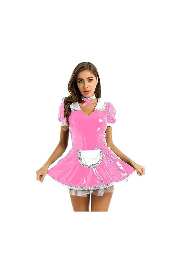 inhzoy Femme Déguisement Soubrette Cosplay Uniforme Ménage Maid Sexy Robe Lingerie Erotique Cuir Verni Robe de Chambre Costum