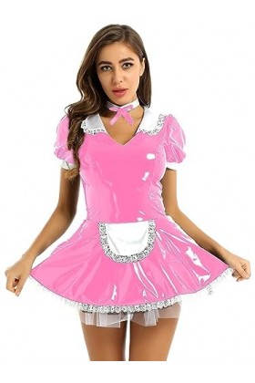 Agoky Robe De Soirée Cocktail Dentelle Déguisement Servante Femme De Chambre Sexy Soubrette Cuir Verni Costume Jeu De Rôle Un