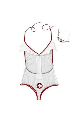 SHANHE Femmes Femme Coquine Infirmière Cosplay Costume Lingerie Ensemble Dos Nu Résille Body avec Bandeau Sexy Clubwear-Blanc