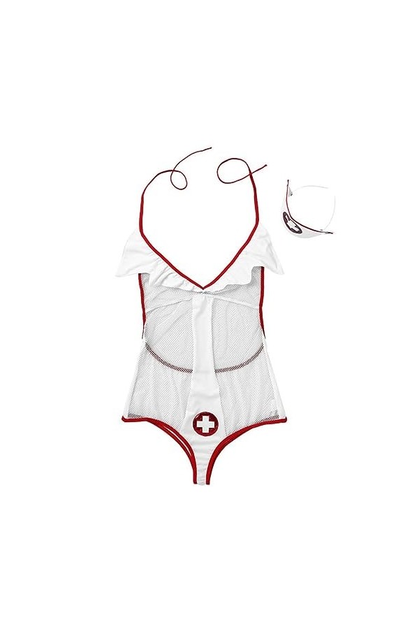 SHANHE Femmes Femme Coquine Infirmière Cosplay Costume Lingerie Ensemble Dos Nu Résille Body avec Bandeau Sexy Clubwear-Blanc