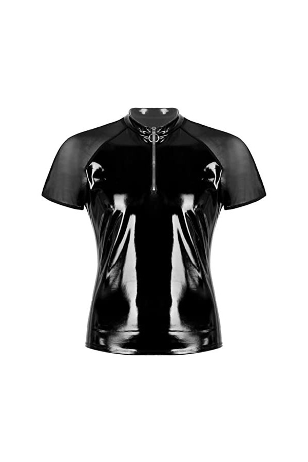 SHANHE Hommes Wet Look Cuir Verni Noir Col Rond Maille Transparente Manches Courtes Demi Fermeture Éclair T-Shirts Tops Punk 