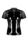 SHANHE Hommes Wet Look Cuir Verni Noir Col Rond Maille Transparente Manches Courtes Demi Fermeture Éclair T-Shirts Tops Punk 