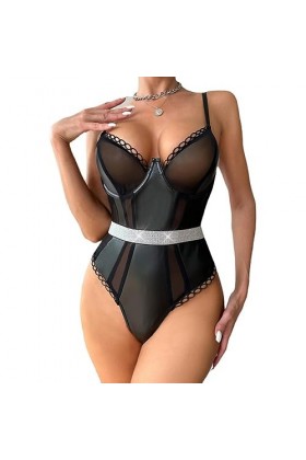 SHANHE Lingerie Femme Sexy Transparent Mesh Body Deep U Dos Nu Catsuit Clubwear Bretelles Réglables Justaucorps en Cuir PU av