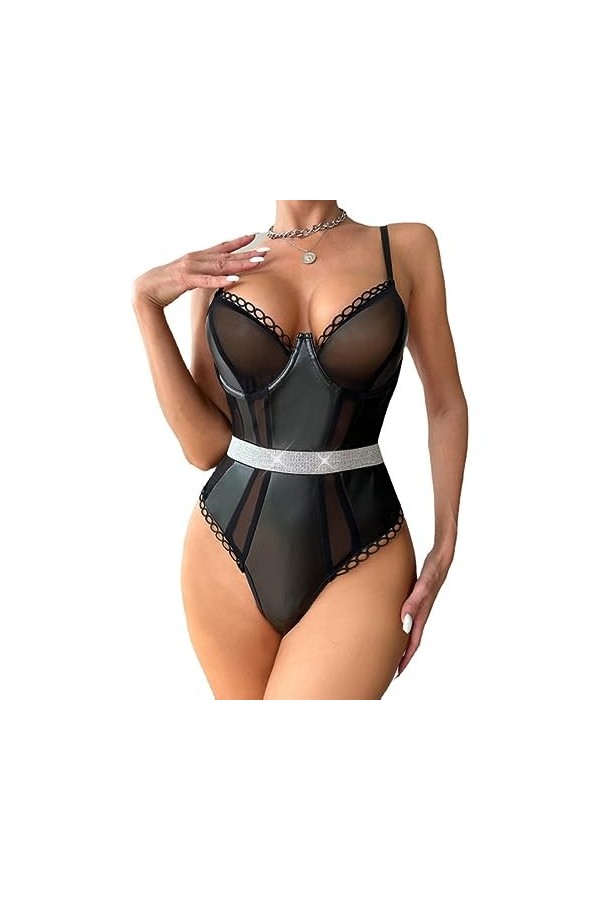 SHANHE Lingerie Femme Sexy Transparent Mesh Body Deep U Dos Nu Catsuit Clubwear Bretelles Réglables Justaucorps en Cuir PU av