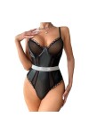 SHANHE Lingerie Femme Sexy Transparent Mesh Body Deep U Dos Nu Catsuit Clubwear Bretelles Réglables Justaucorps en Cuir PU av
