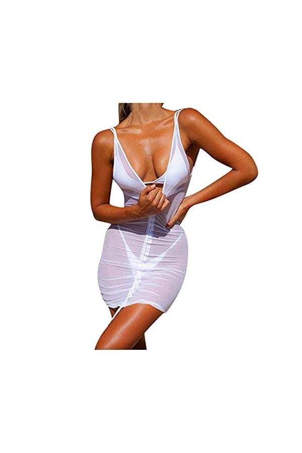 SHANHE Vert Néon Robe Femmes Sexy Mesh Mini Moulante Robe Dété sans Manches Robe De Nuit Club Party Cover Ups -Blanc,XL