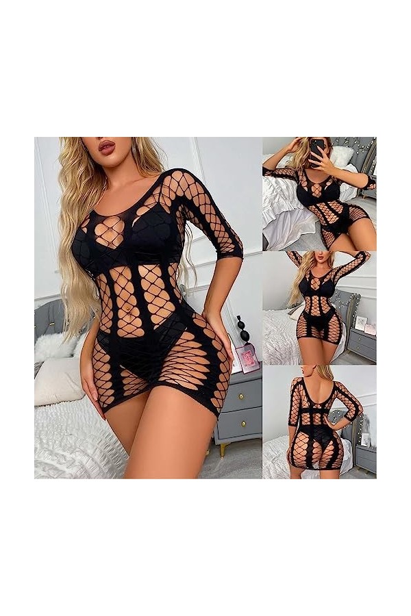SHANHE Sexy Résille Mini Robe Femmes Lingerie Sexy Lingerie Chaude Femmes Mesh Stretch Robe-Noir,Taille Unique