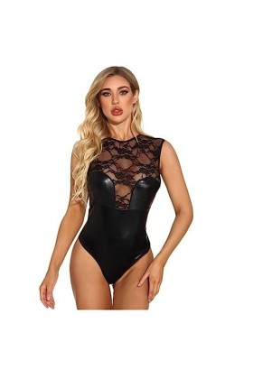SHANHE Lingerie Sexy Femme en Cuir Verni Dentelle Couture Body sans Manches Dos Nu Costume Pyjama Femme-Noir,XL