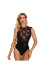 SHANHE Lingerie Sexy Femme en Cuir Verni Dentelle Couture Body sans Manches Dos Nu Costume Pyjama Femme-Noir,XL