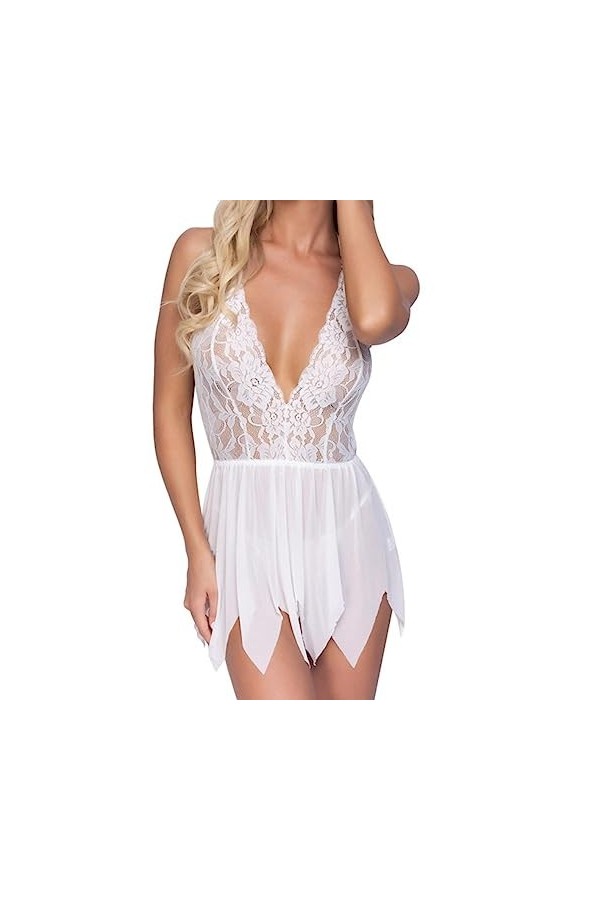 SHANHE Plus Size Lingerie Sexy Chemise de Nuit en Dentelle Transparente avec Culotte Pyjama Femme Lingerie Halter Neck Pyjama