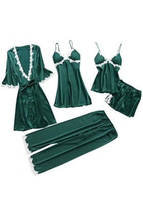 Pyjama 5 pièces en satin pour femme - Nuisette sexy - Porte-jarretelles - Chemise de nuit en coton - Coupe ajustée - Bretelle