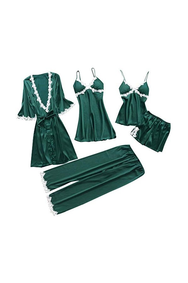 Pyjama 5 pièces en satin pour femme - Nuisette sexy - Porte-jarretelles - Chemise de nuit en coton - Coupe ajustée - Bretelle