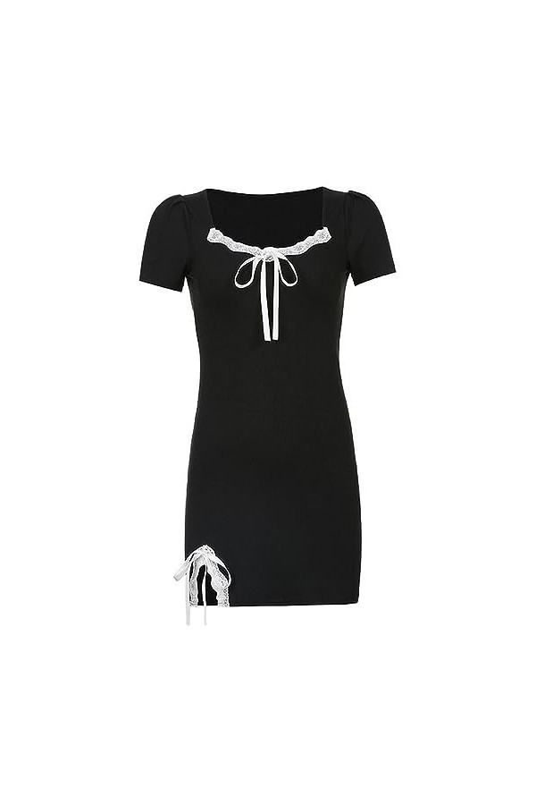 Vintage Sexy Noir Corset Robe Nouvelles Femmes Y2k Esthétique Noeud Dentelle Côté Renversé Manches Courtes Moulante Mini Robe