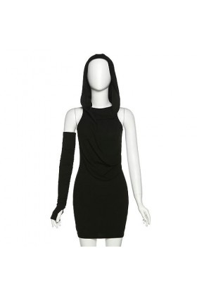 CABULE Robe Gothique à Manches gantées, Slim et Sexy, drapée foncée, Cyber ​​Y2k, Punk, à Capuche, Mini Robe, Mode Noire, vêt