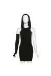CABULE Robe Gothique à Manches gantées, Slim et Sexy, drapée foncée, Cyber ​​Y2k, Punk, à Capuche, Mini Robe, Mode Noire, vêt