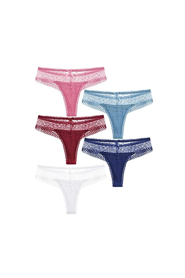 HMLOPX Daily Wear String en Dentelle Extensible Taille Basse sous-vêtement Sexy for Femme Culotte sans Couture Lot de 5 Co