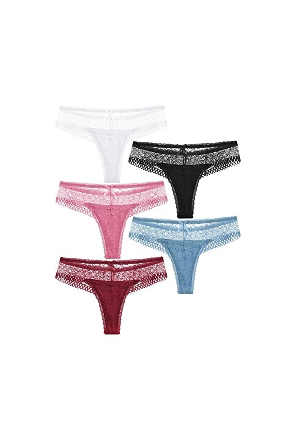 HMLOPX Daily Wear String en Dentelle Extensible Taille Basse sous-vêtement Sexy for Femme Culotte sans Couture Lot de 5 Co