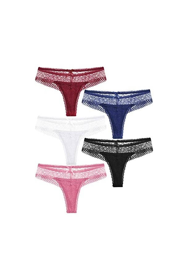 HMLOPX Daily Wear String en Dentelle Extensible Taille Basse sous-vêtement Sexy for Femme Culotte sans Couture Lot de 5 Co