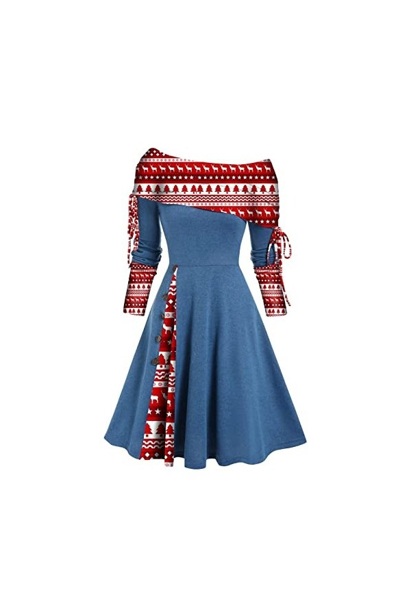 Robe de Noël pour femme - Imprimé 50s - Hepburn - Robe décontractée - Manches longues - Épaules dénudées - Boutons - Vintage 