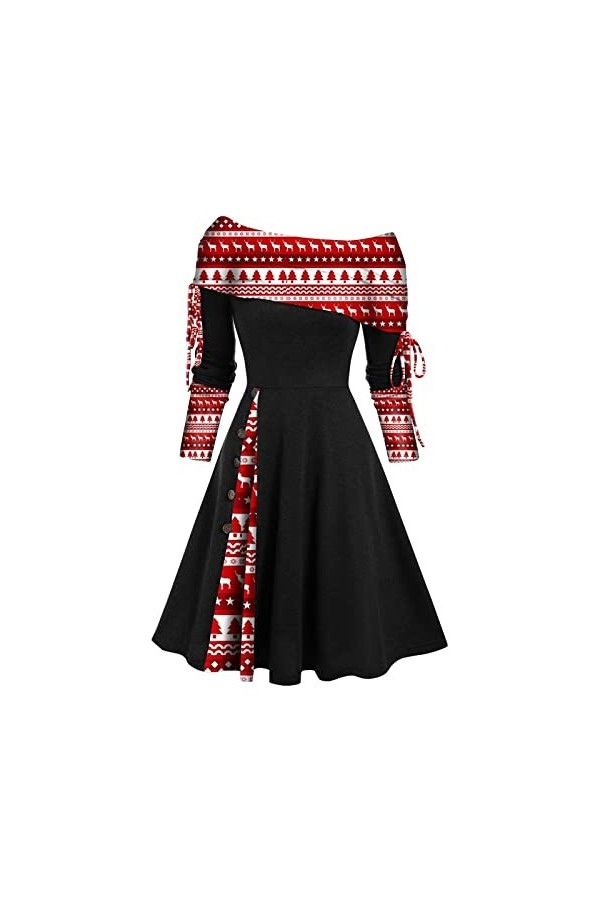 Robe de Noël pour femme - Imprimé 50s - Hepburn - Robe décontractée - Manches longues - Épaules dénudées - Boutons - Vintage 