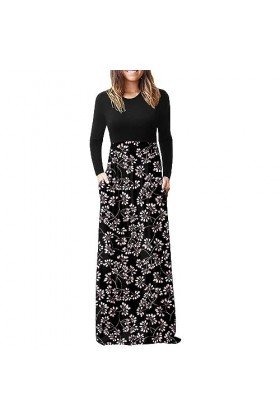 Robe Courte Noire Sexy Floral pour Femmes avec décolleté et Manches Longues à Double Poches Robe Noire Pink, S 