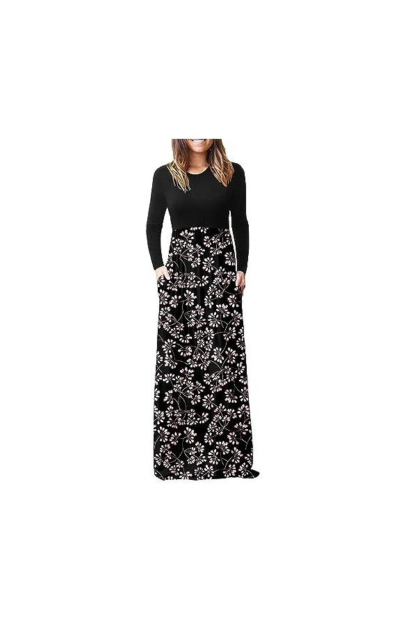 Robe Courte Noire Sexy Floral pour Femmes avec décolleté et Manches Longues à Double Poches Robe Noire Pink, S 