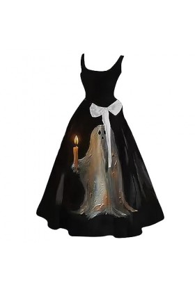 Dames Halloween Bougie Casual Party Col Rond Sexy Robe sans Manches Robe De Rouge D-Black, XL 