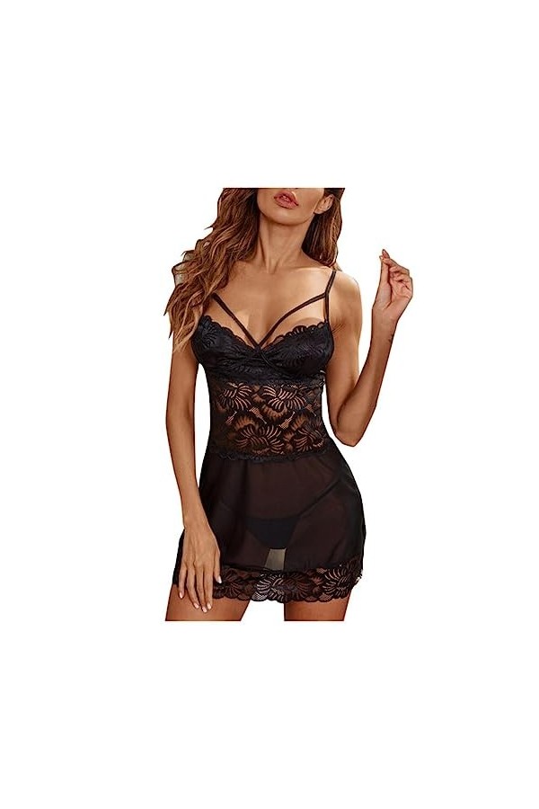 WEITING Lingerie Sexy Pyjama Lingerie en Dentelle Transparente Chemise de Nuit Robe Sexy Noire avec String-Noir,S
