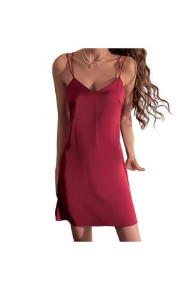 QNCLO Pyjama sexy en satin avec col en V pour femme, Claret1, taille unique