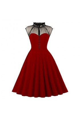 Robe Hepburn années 50 - Col montant - Manches courtes - Robe midi - En maille - Cintrée avec boutons - Couleur unie - Robe d