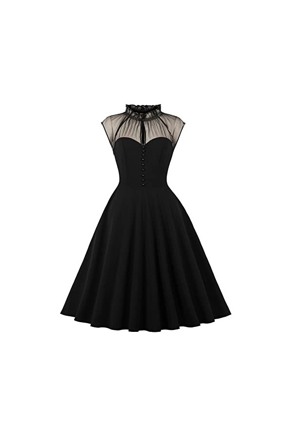 Robe Hepburn années 50 - Col montant - Manches courtes - Robe midi - En maille - Cintrée avec boutons - Couleur unie - Robe d