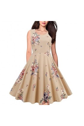 Hepburn Robe élégante des années 50 - Sans manches - Imprimé floral - Col rond - Longueur genou - Robe midi - Coupe haute - C