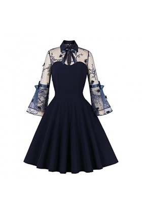 Hepburn Rockabilly Robe pour femme années 50 avec nœud creux à manches 3/4 en maille et dentelle cintrée, Marine de guerre., 