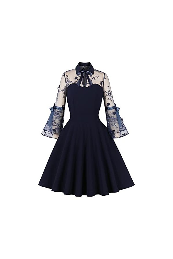 Hepburn Rockabilly Robe pour femme années 50 avec nœud creux à manches 3/4 en maille et dentelle cintrée, Marine de guerre., 