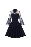 Hepburn Rockabilly Robe pour femme années 50 avec nœud creux à manches 3/4 en maille et dentelle cintrée, Marine de guerre., 