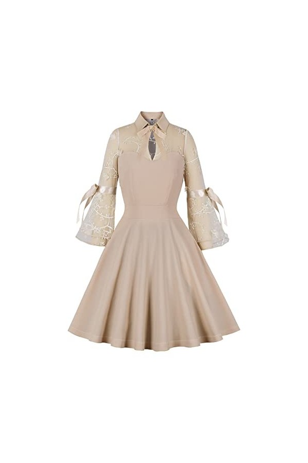 Hepburn Rockabilly Robe pour femme années 50 avec nœud creux à manches 3/4 en maille et dentelle cintrée, Marine de guerre., 