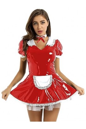 inhzoy Femme Déguisement Soubrette Cosplay Uniforme Ménage Maid Sexy Robe Lingerie Erotique Cuir Verni Robe de Chambre Costum