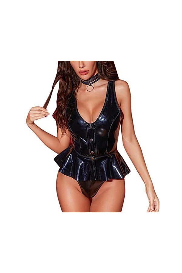 CHUNNUAN Plus La Taille Sexy Lingerie Onesie Dames Lingerie en Cuir Verni Onesie Ceinture Tablier Latex Onesie Femmes Robe-No