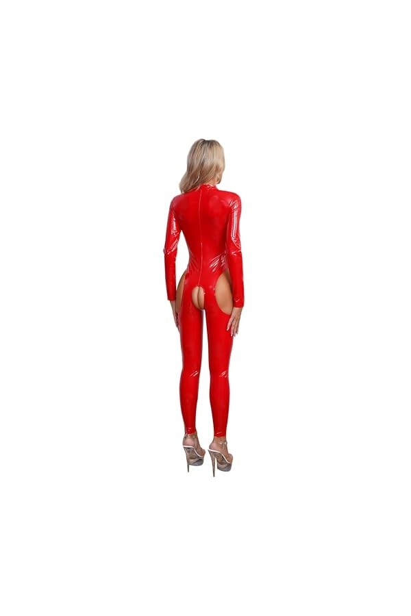 MSemis Jumpsuit pour Femme Catsuit Sexy Cuir Femme Coquine Erotique Ouvert Entrejambe Salopettes Romper S-4XL Rouge A XXL