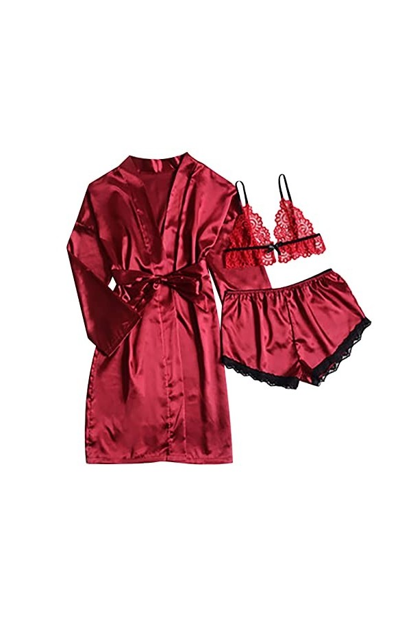 Pyjama 3 pièces pour femme - Col en V - Sous-robe - Lingerie sexy - Bandoulière réglable - Nuisette - Pour la Saint-Valentin 